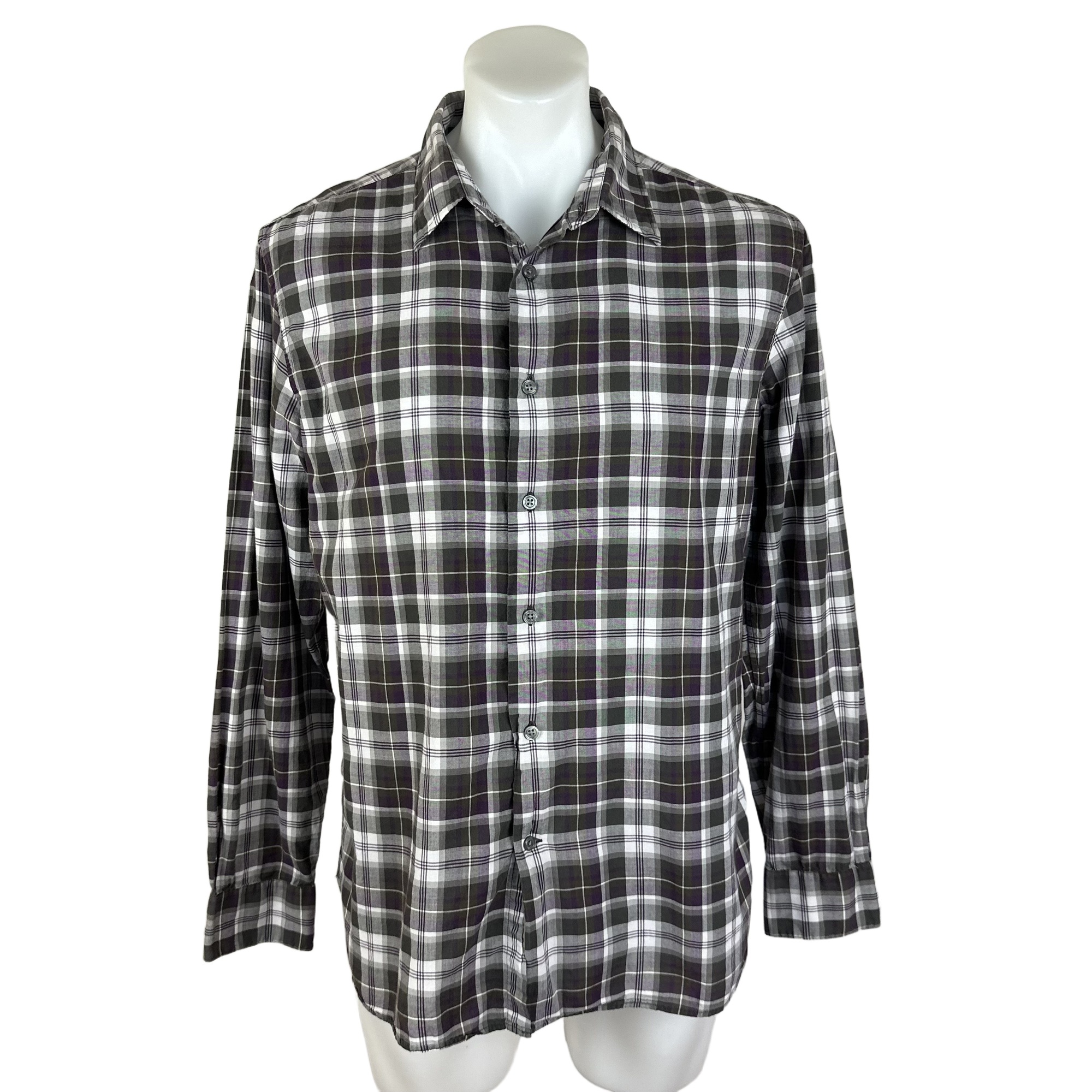 John Varvatos Dark Grey Plaid Long Sleeve Collared Button Shirt Size Large